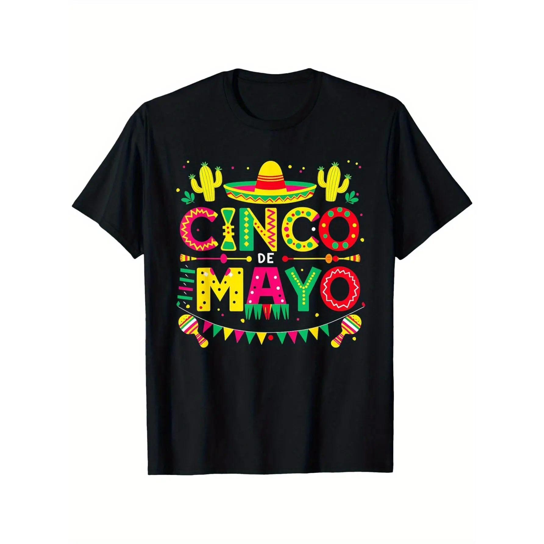 Men's Oversized 100% Cotton Short-Sleeve Round Neck Graphic Print T-Shirt - Funny Mexican Fiesta 5th De Mayo Design, Casual Gift for Family Friends, Vintage Menswear