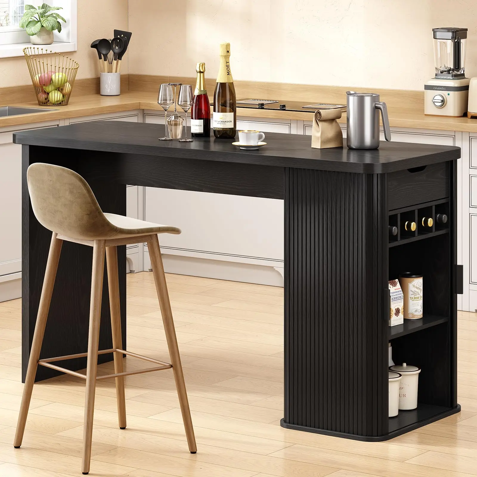 【SummerFinds】ONBRILL 59 Inch Kitchen Island with Storage, Fluted Counter Height Table, Mid-Century Modern Kitchen Island Table with Sliding Door, Home Bar Tables with Wine Rack and Drawers,dorm essentials,home decor