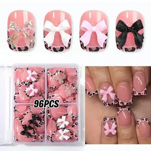 96 Pcs Leopard Print Bow Nail Tips, Sweet Girl Y2K Glossy Removable Nail Set, Nail Kit, Nail Art Supplies, Includes Jelly Glue & File, Perfect for Daily Use, Parties, Photoshoots