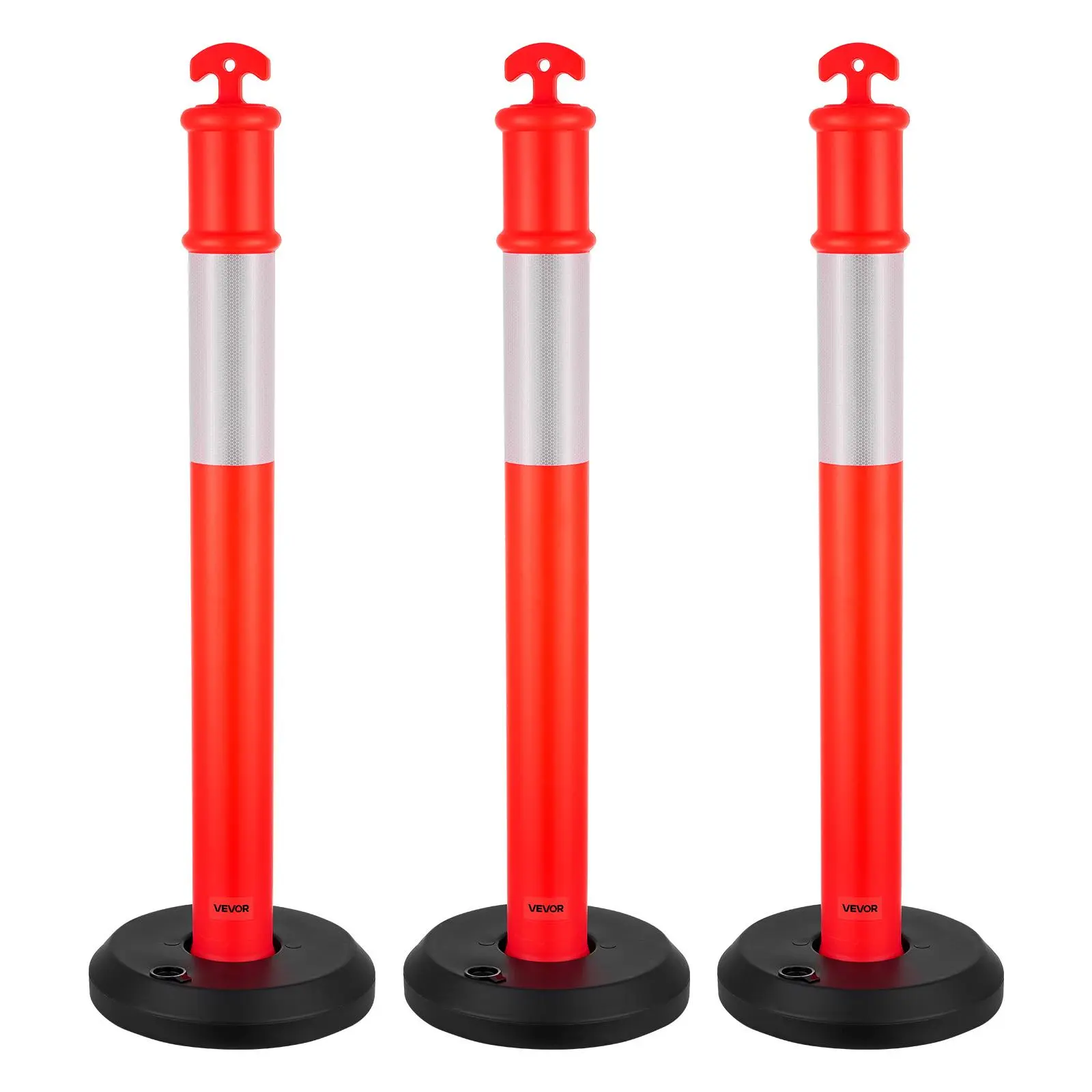 【Summerfinds】VEVOR 3-Pack 45in Heavy Duty Traffic Delineator Posts, Rubber Fillable Base, 360° Reflective Strips, Arrow-Shaped Top, Flexible Portable Red Work Safety Equipment for Traffic Control, Commercial Parking Spaces, Construction Zone Safety