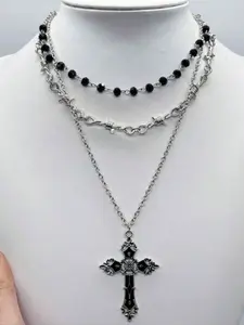 3pcs Vintage Gothic Style Necklace Set, Deep Color Luxury Punk Cross and Thorn Layered Necklace, Beaded Stackable Bohemian Unisex Jewelry, Exquisite Chain Jewelry, Gothic Mystery Jewelry