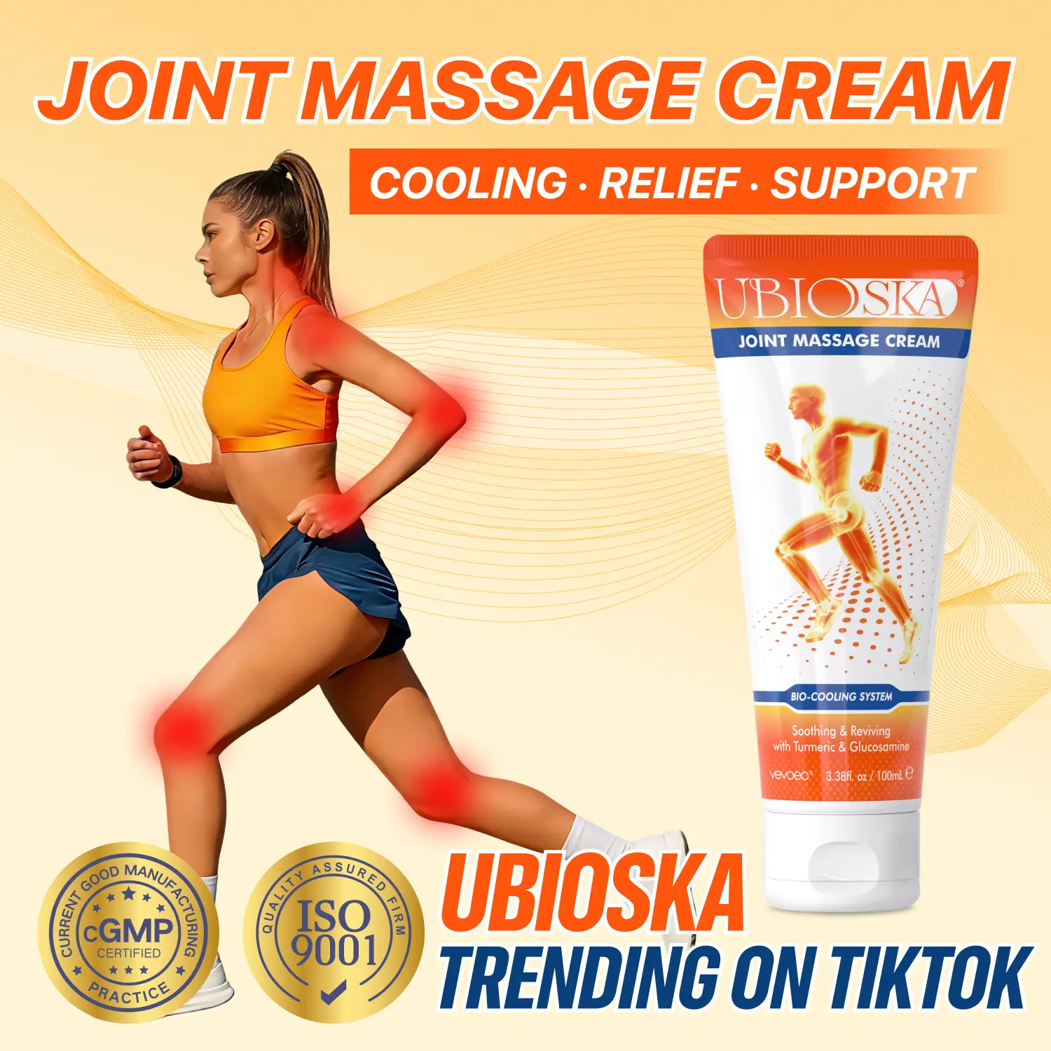 UBIOSKA Joint Massage Cream (3.4 fl oz) | Deep Penetrating Formula with Glucosamine, Chondroitin, Hyaluronic Acid, Menthol, Turmeric & MSM | Fast Relief for Neck, Hands, Knees, Hips, Lower Back, Feet & Muscle Discomfort | Non-Greasy, Travel-Friendly