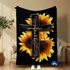 Ultra-Soft Flannel Fabric Sunflower & Cross Pattern Throw Blanket - Heat Transfer, Double Sided, Modern Cozy Bedding for Bedroom Napping, Home Use Essential