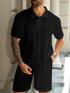 Men's Casual Short Sleeve Shirt and Shorts Set, Breathable Textured Fabric, Button Front Blouse, Drawstring Shorts, Spring Summer Daily Wear