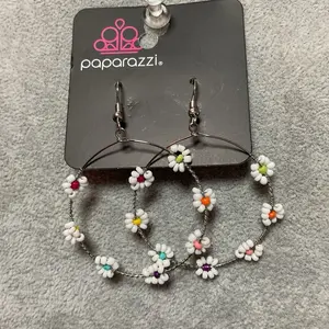 Paparazzi Dainty Daisies Multi Earrings with Vibrant Seed Beaded Centers in Yellow Blue Purple Light Pink Orange Green and Hot Pink White Seed Beaded Floral Frames on Dainty Serrated Wire Hoop