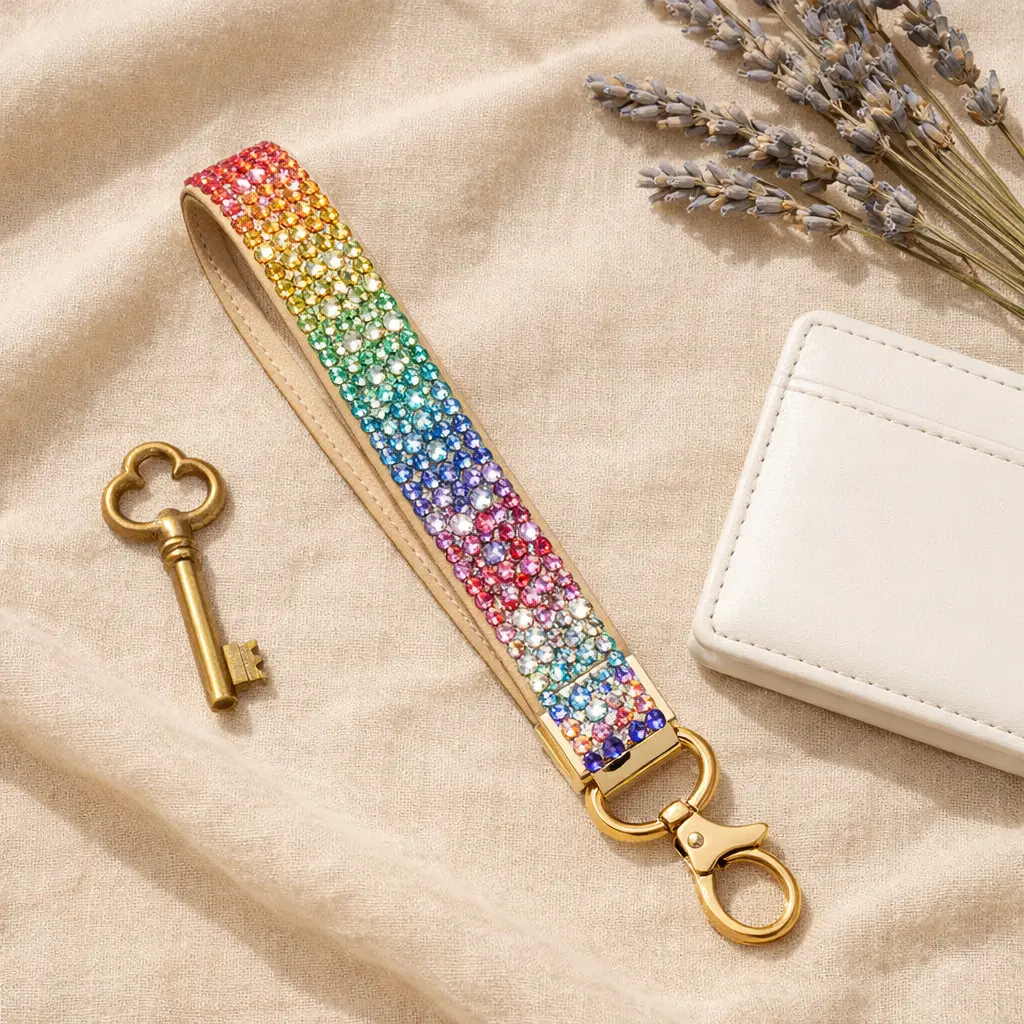Wristlet Strap Keychain – Rhinestone Bling Bracelet for Keys, Wallet, or ID (Rainbow / Black / Silver)