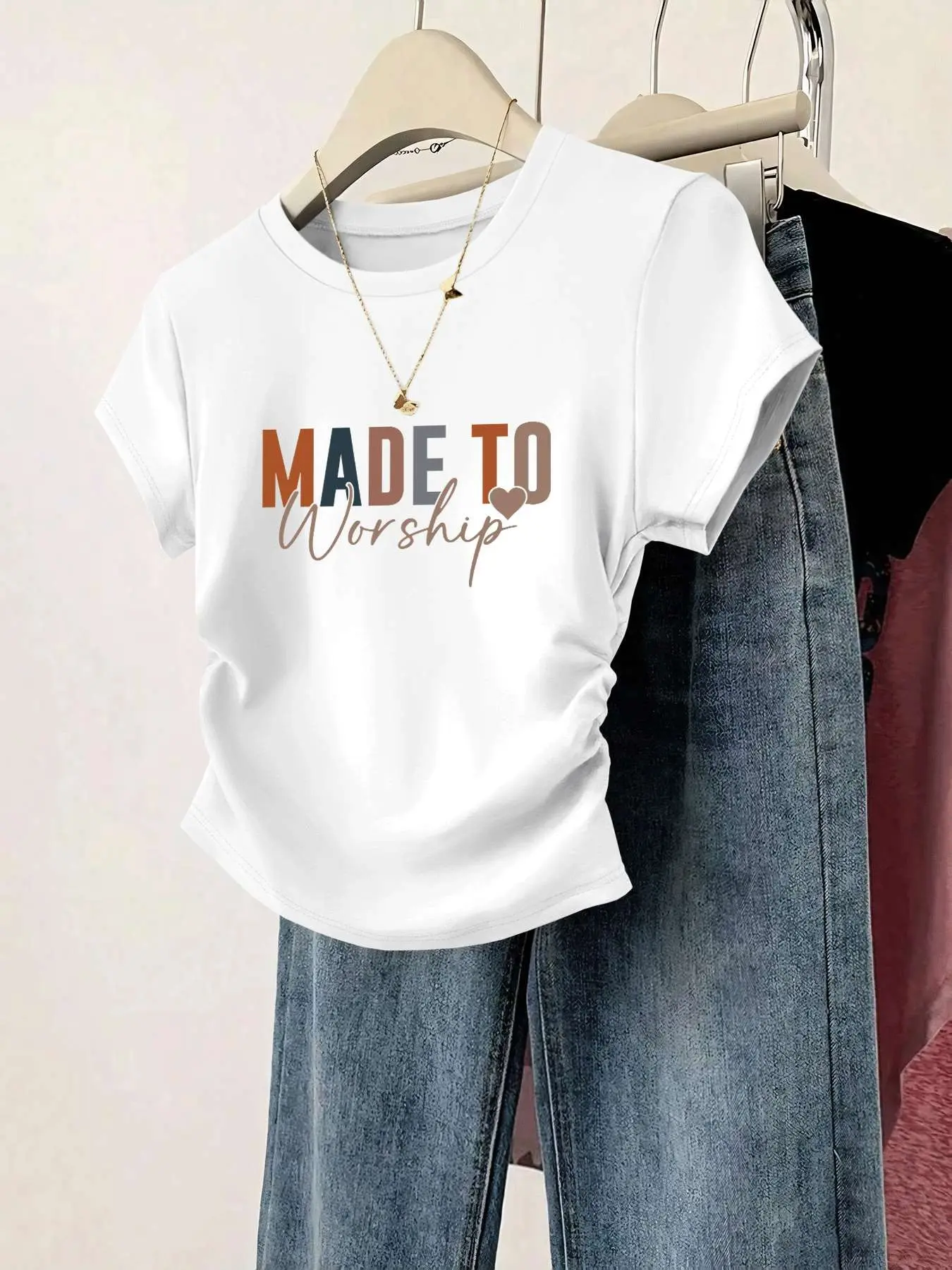 Fashion Casual Simple Letter Basic Round Neck Short Sleeve T-Shirt, Trendy Ruched Waist Design