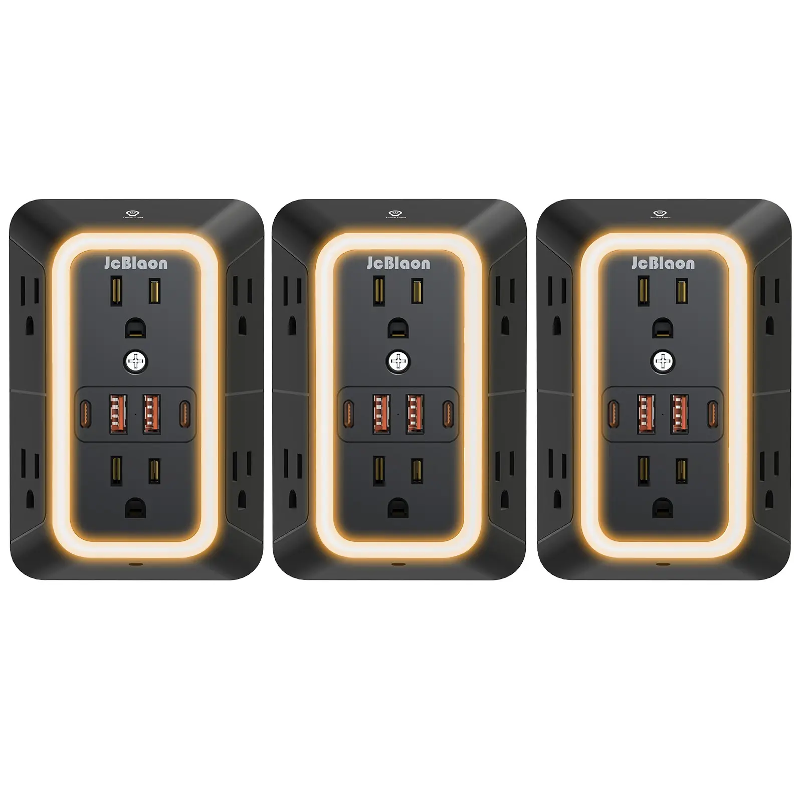 3-Pack Wall Outlet Extender Surge Protector with Night Light, 6-Outlet Power Socket Extender with 4 USB Ports (2 USB-C), 3-Sided Multi Plug Wall Adapter, Multifunctional Power Strip for Home, Office, Kitchen and Travel