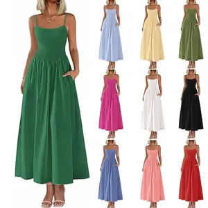 Sleeveless Suspender Solid Color Stitching A-line Beach Vacation Dress Women's Thin Shoulder Pleated Vest Pocket Commuting Dress