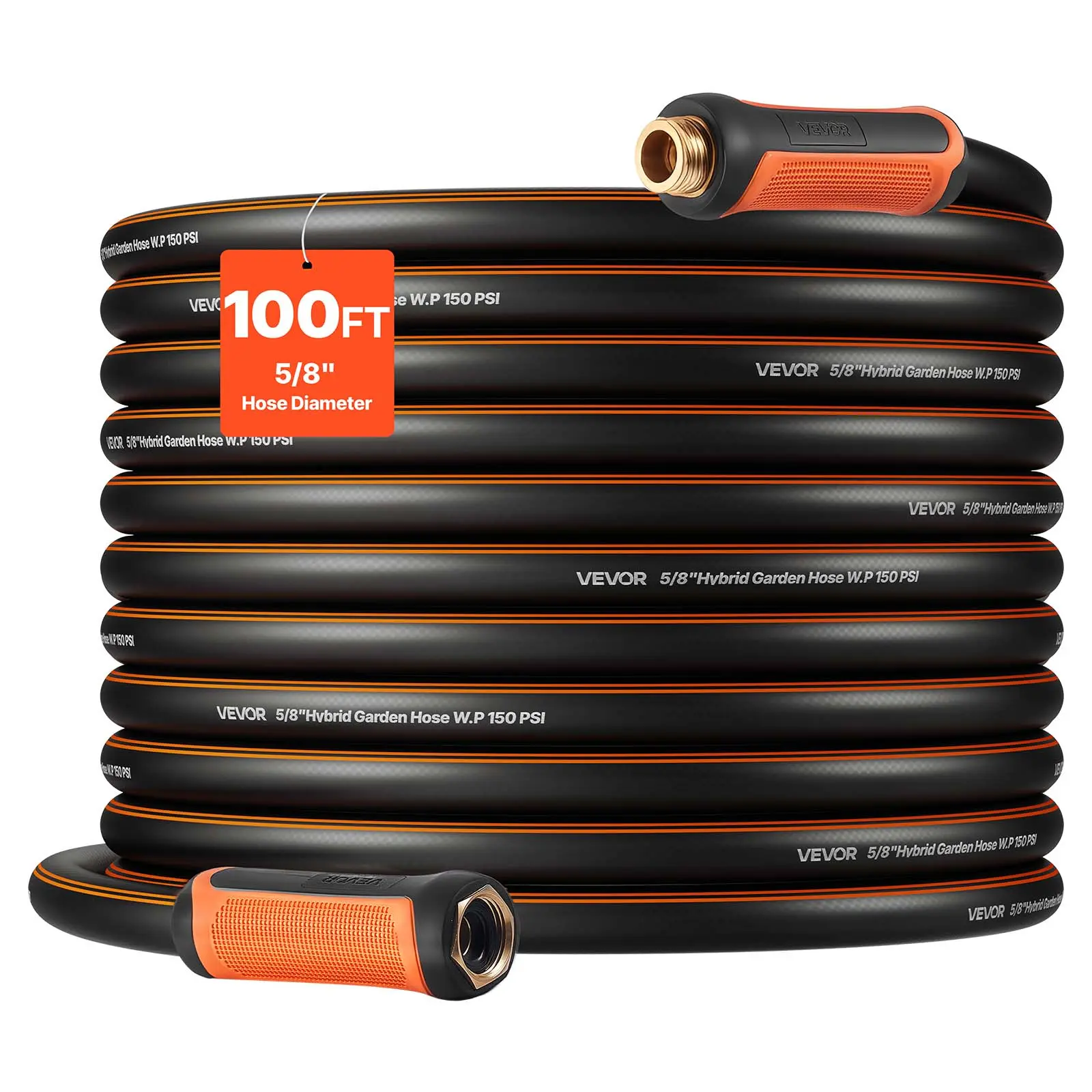 【SummerFinds】VEVOR Garden Hose, 100 ft 5/8" Heavy Duty 4-Layer Rubber Water Hose, 150PSI Working & 600PSI Burst, Flexible & Non-kink Outdoor Waterhose with 3/4" Fitting, Lightweight Hoses for Gardening Cleaning