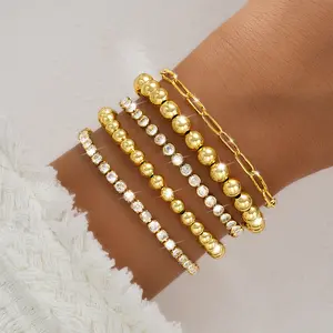 17KM 5PCS 16K Gold Plated Women's Bracelet Set with Sparkling Zircons Trendy Stackable Beaded & Chain Bracelets Non-Tarnish Jewelry for Gifts