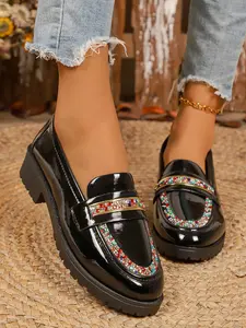 Women's Patchwork Loafers with Crystal Straps, 3.5cm Heel Height, Comfortable Commuter Shoes, All Season PU Leather Casual Footwear, Flats Shoes Women