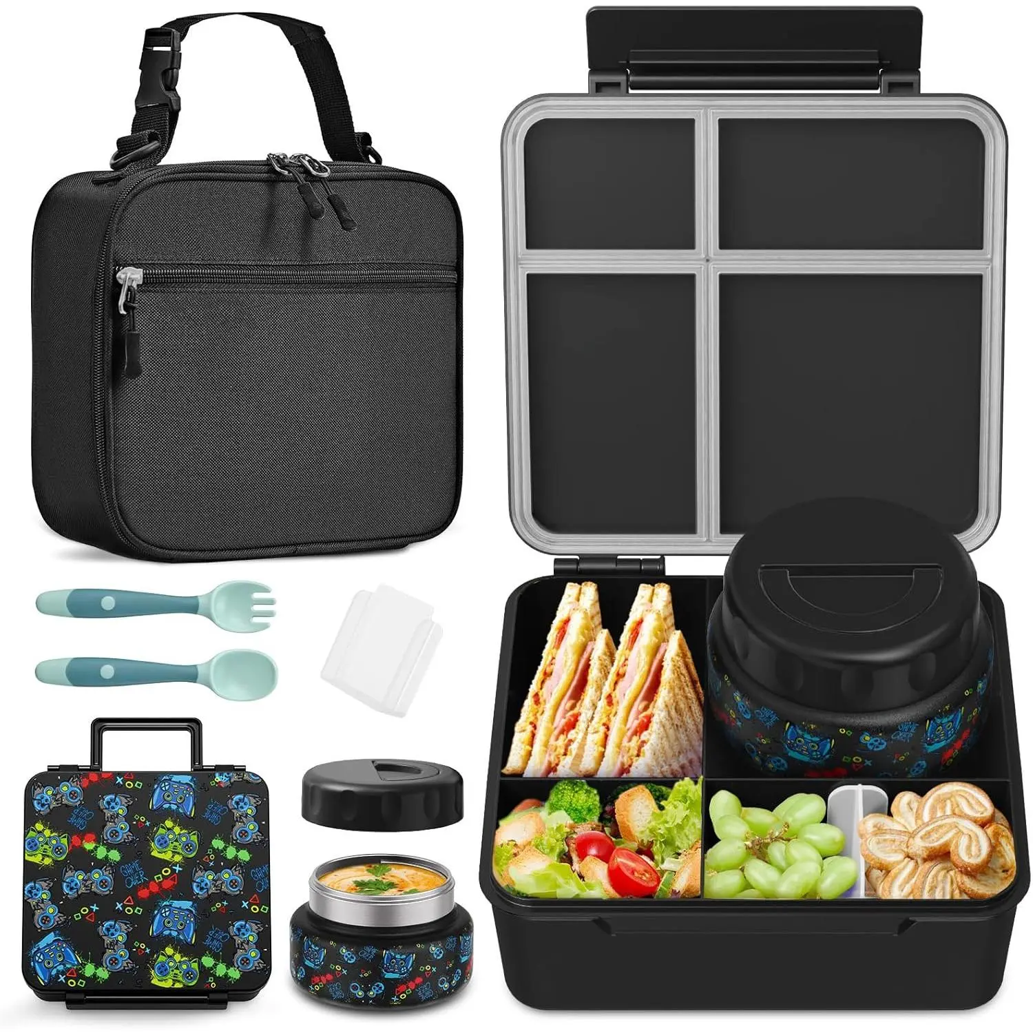 Bento Box for  with Thermo  Container (9oz), 4-Compartment Lunch Box, Adjustable Divider, Leakproof Bento Lunch Box, Includes Utensils & Carry Bag for School, Office(Black-)