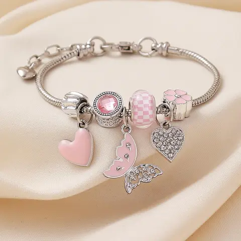Cute Butterfly & Heart Design Charms Bracelet, Rhinestone Decor Link Bracelet, Heart Shaped Bracelet for Women & Girls, Fashion Jewelry for Party, Daily, Trendy Jewelry for Birthday Gift, Valentine's Day, Bracelet, Fashion Bracelets