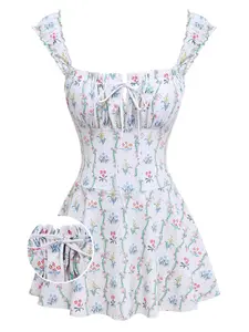 White 1970s Floral Ruffle Cap-Sleeve Square-Neck Swimdress