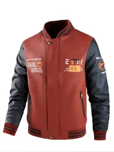 Men's Letter & Cartoon Print Baseball Collar PU Leather Jacket, Casual Pocket Long Sleeve Zip Up Outerwear for Fall, Fashion Men's Clothes for Daily Wear
