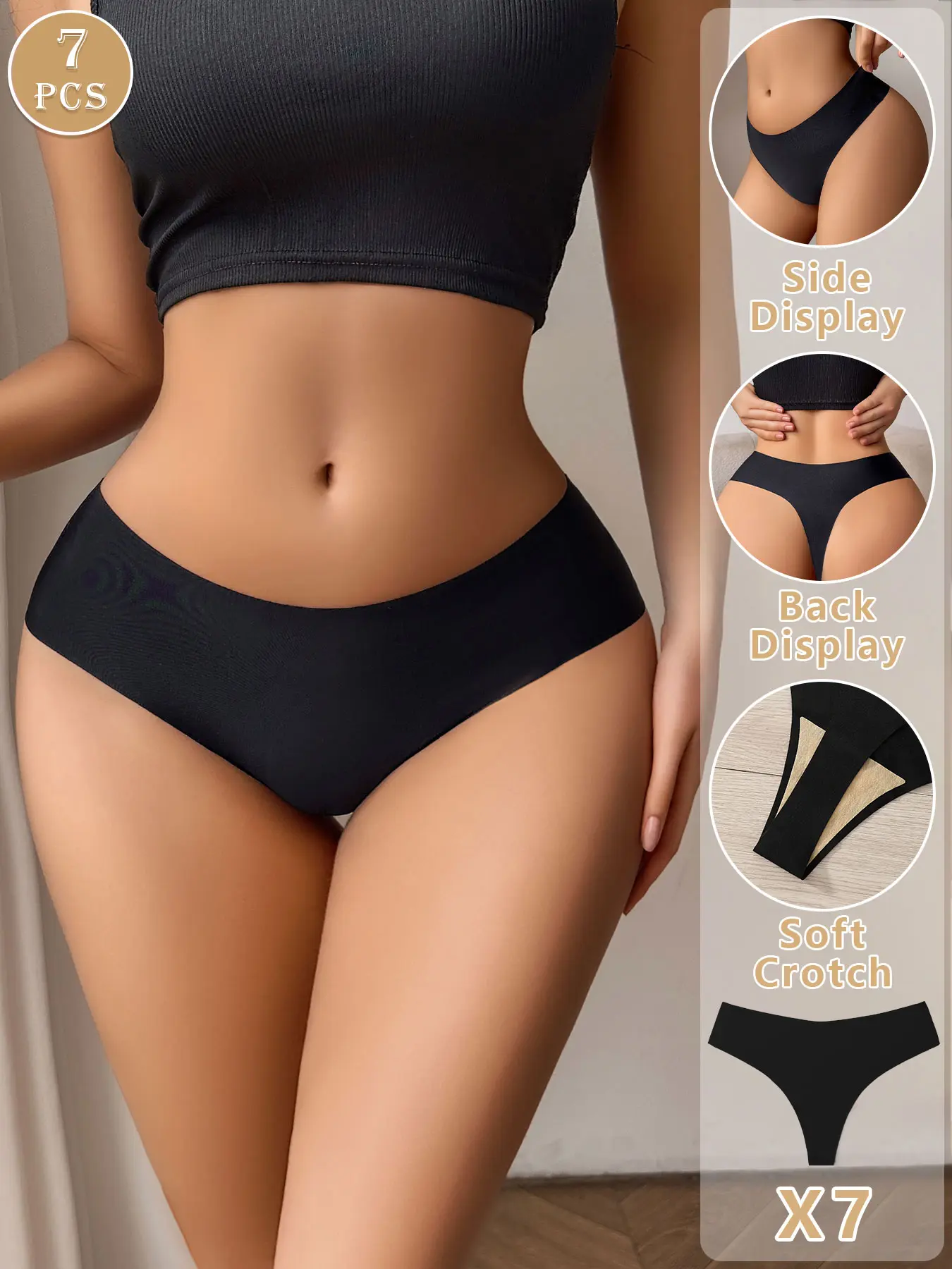 7-Pack Simple Sexy Solid Color Women's Thong Briefs, Knitted Stretch Underwear, Slim-Fitting, All Seasons, Plain Pattern, No Ca Prop 65, Clothing Type: Briefs