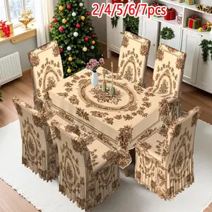 2/4/6/5/7 pieces of fashionable and high-end chair cover and tablecloth sets, thickened chair cover and tablecloth sets (1 tablecloth + 4 chair covers or 1 tablecloth + 6 chair covers), easy to care for, reusable, for home decoration