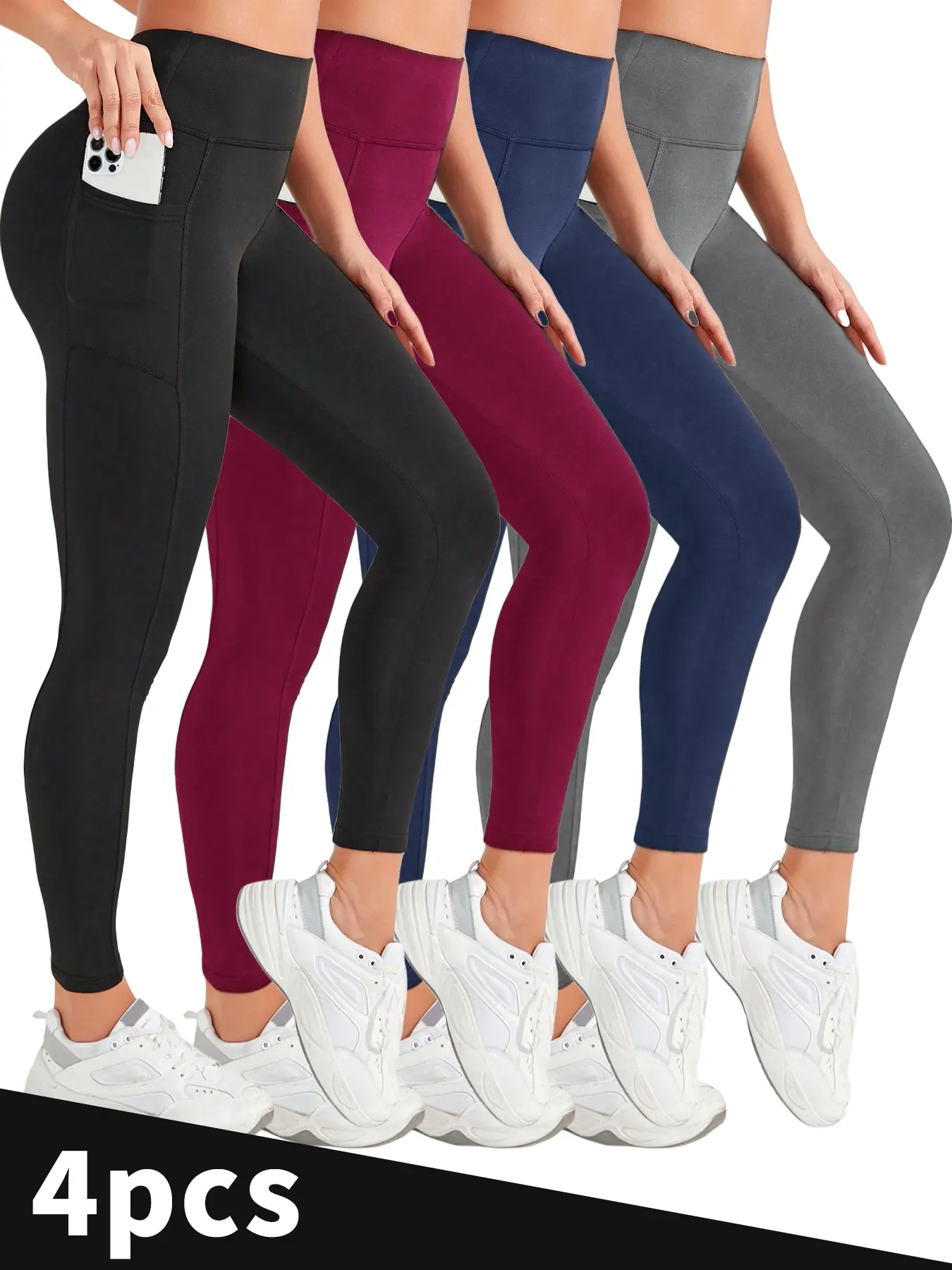 Women's high waist yoga pants with Pockets - Slimming, Breathable, Comfortable Fabric & Versatile 4-Pack (Red/Black/Gray/Blue) High Waist Activewear Athletic Skinny Pants