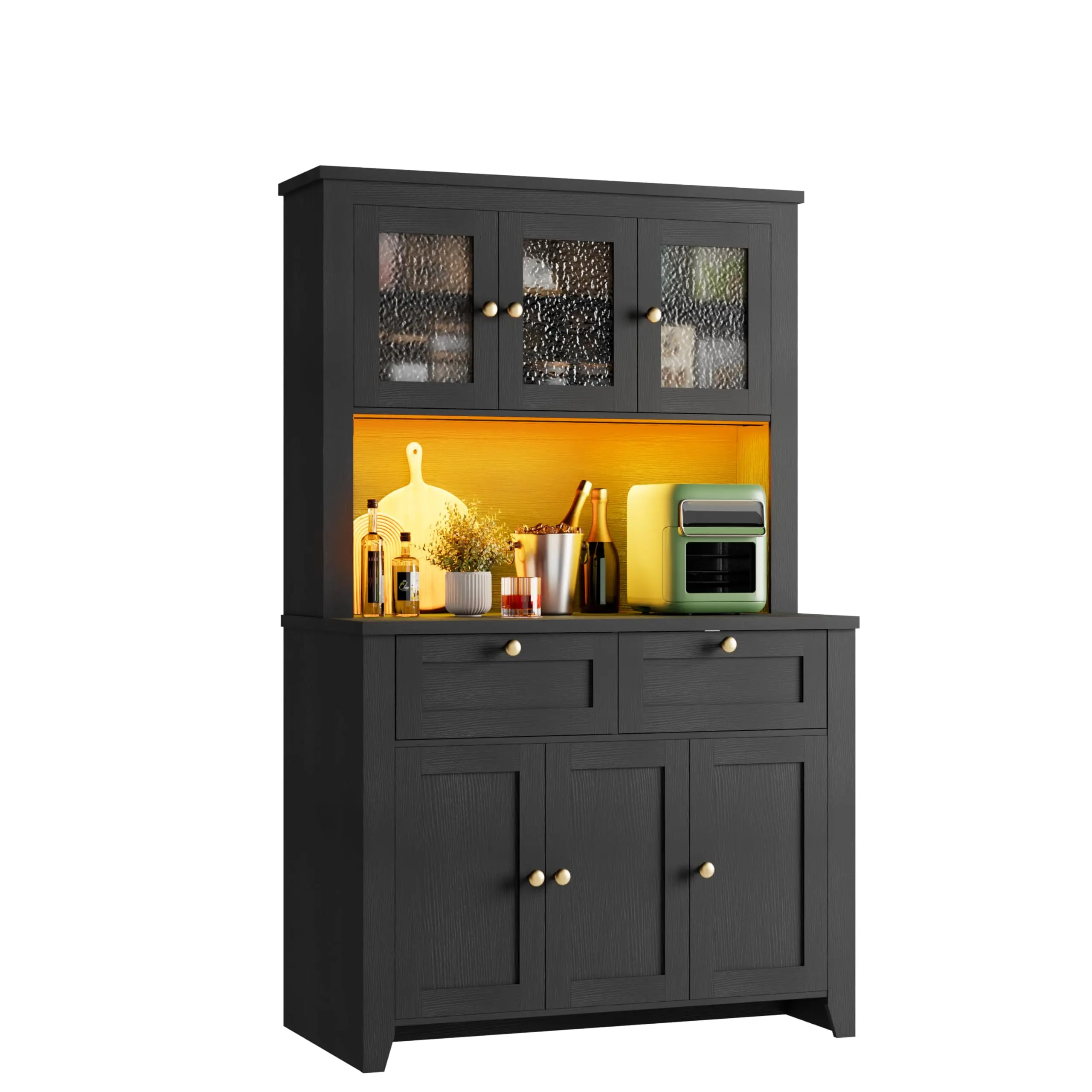 Garvee Pantry Cabinet with  Charging Station, Farmhouse Kitchen Pantry Storage Cabinet with Countertop, Large Kitchen Hutch with Storage Drawers and Adjustable Shelves & Water Ripple Design for Dining Room,