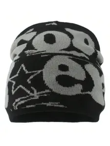 Unisex Y2K-Style Letter Jacquard Knit Beanie Fitted, Warm Street Hat for Outdoor Wear, Beanie for Autumn and Winter, Fashionable Cold-Weather Headwear, Beanies, Fitted Hats