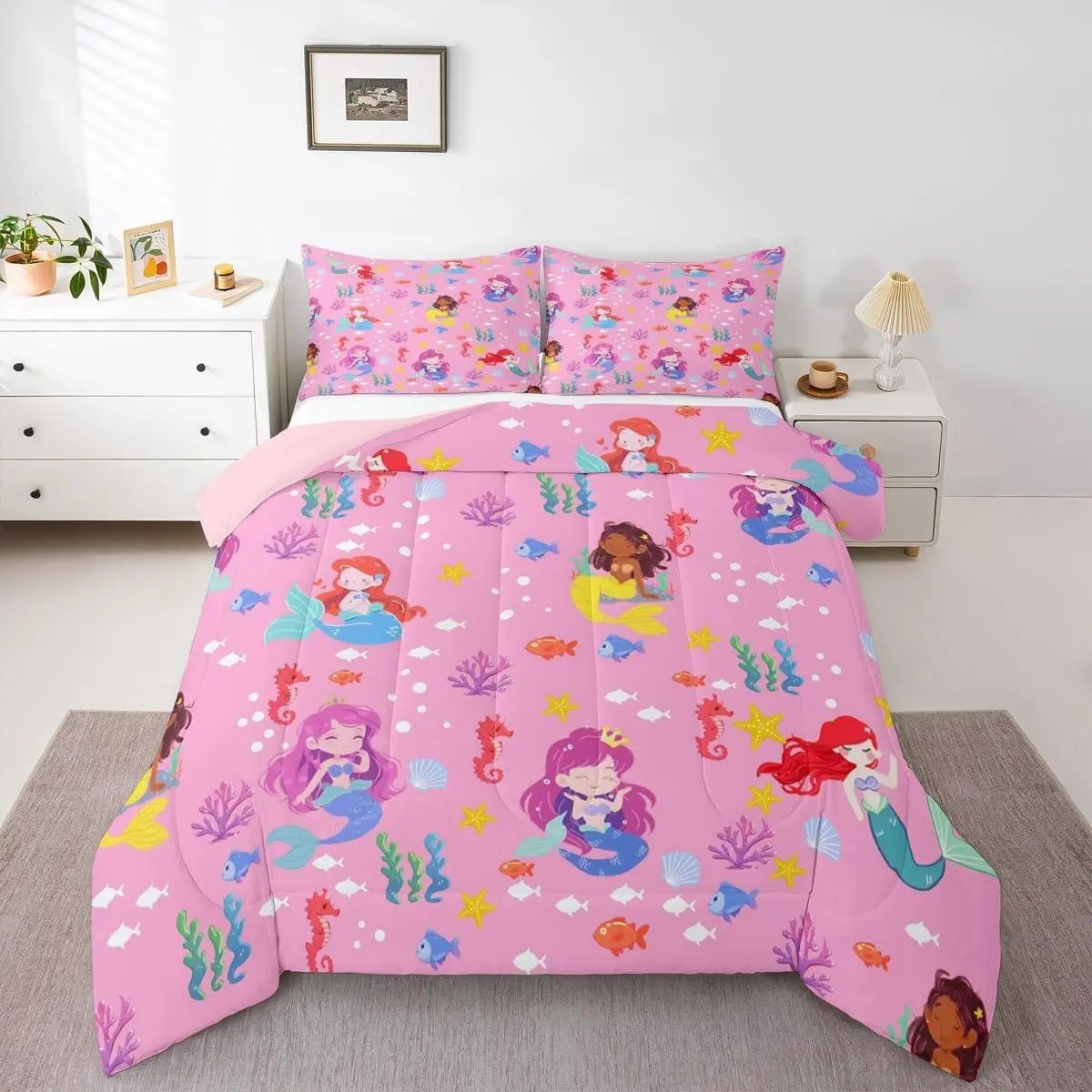 Mermaid Princess Comforter Set All Season Cute Mermaid Bedding Set s Ocean Marine Microfiber Kids Bedclothes Fish Scales Print Bedroom Decor Duvet Quilt Soft