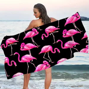 Black Background with Hand-painted Flamingo Pattern, Seaside Summer Beach Towel, 1pc