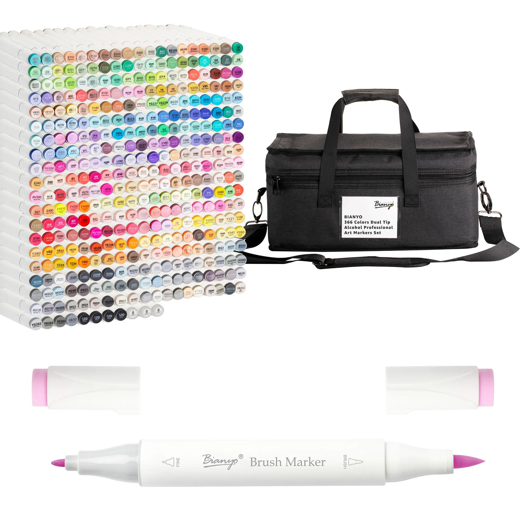 Bianyo 372-Piece Dual Tip Brush & Fine Alcohol Ink Markers Set - Colorful, Color Stability, 3 Extra Deep-Black, ASTM D-4236, Shoulder Strap Carry Bag - Office Stationery Writing Tool for Illustration, Portraits