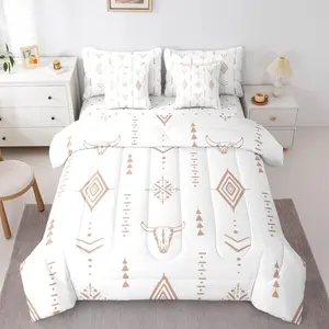 Native Aztec 7 Pcs Bedding Set,Western Skull Comforter Set,Bohemian Abstract Horns Bed in a Bag,Sheet Set,Boys Minimalist Tribal Symbol Bed Sets