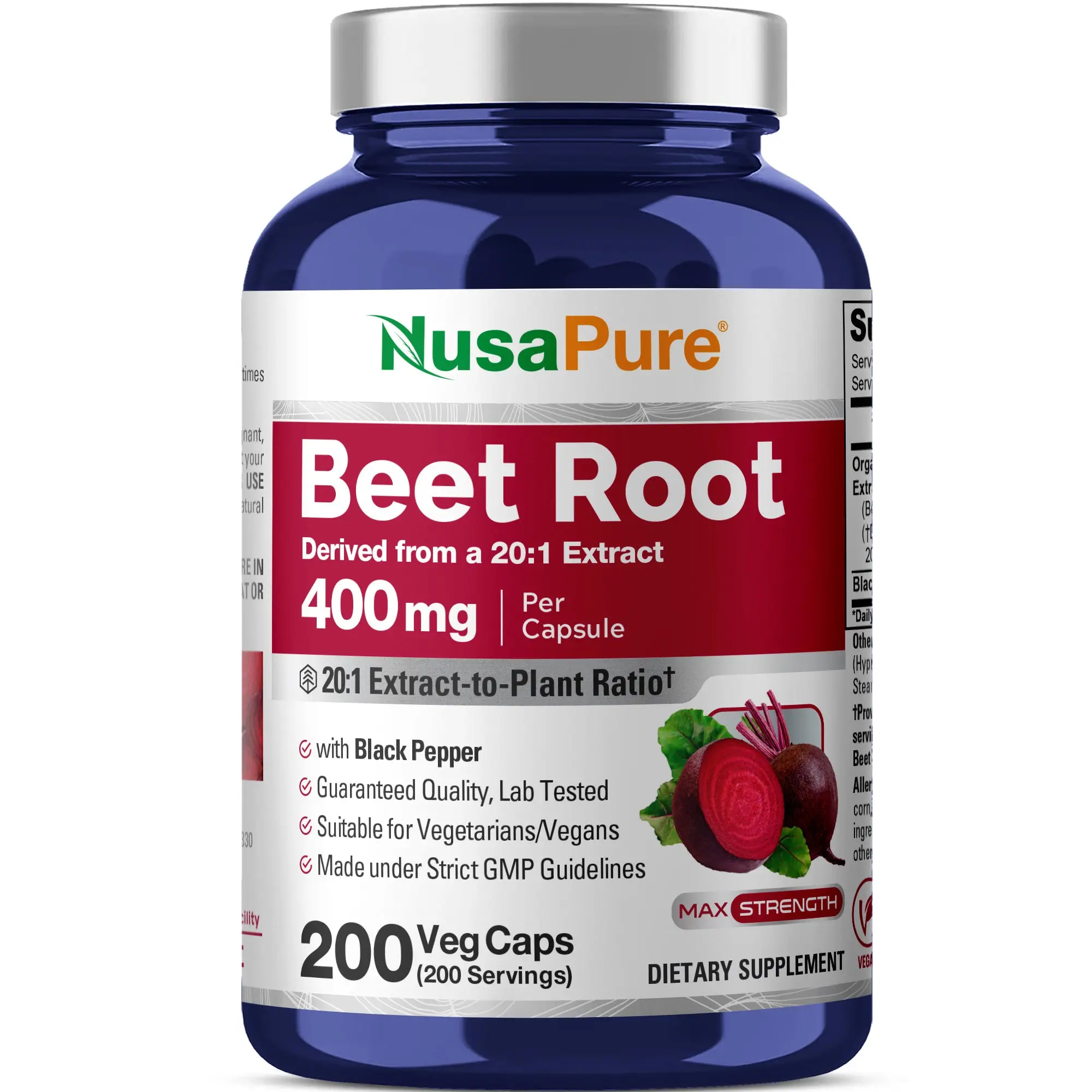 NusaPure Natural Organic Beetroot Dietary Capsules - 20:1 Beet Power Extract 400mg, 4:1 Pepper Boost Extract 10mg, 200 Vegan Supplements, GMP Registered, Nitric Oxide Aid, Oxygen Use Boost, Blood Flow & Fitness Support, Antioxidant Support, Cardiovascular