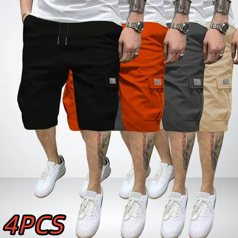 Sohochic Men's 4-Pack Cargo Shorts - Brand Tag, High-Rise Elastic Waist, Loose All-Day Fit, Cropped Mid-Length, Breathable Skin-Friendly Drapey Fabric, Multiple Pockets, Quick-Dry Activewear, Streetwear Clothing (Khaki, Dark Grey)