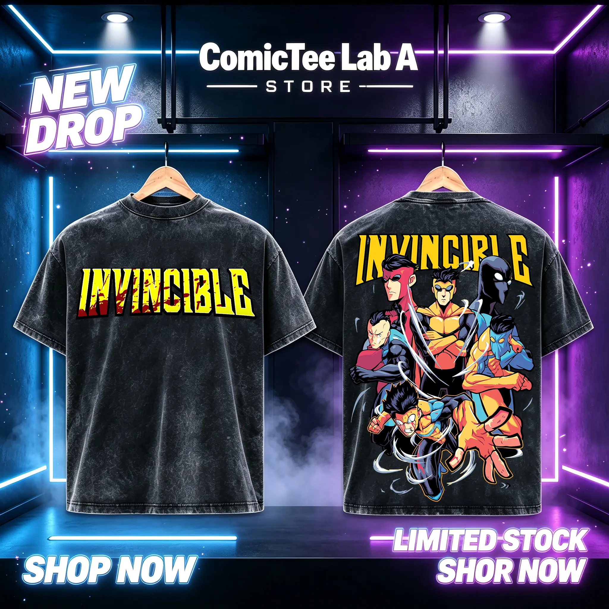 Vintage Washed Black Invincible Battle T-Shirt Double Sided Print Blood Splatter Invincible Font Front Epic Omni Man Mark Grayson Hero War Scene Back Graphic Oversized Streetwear Tee For Invincible Comic Fans  Menswear Casual Tops