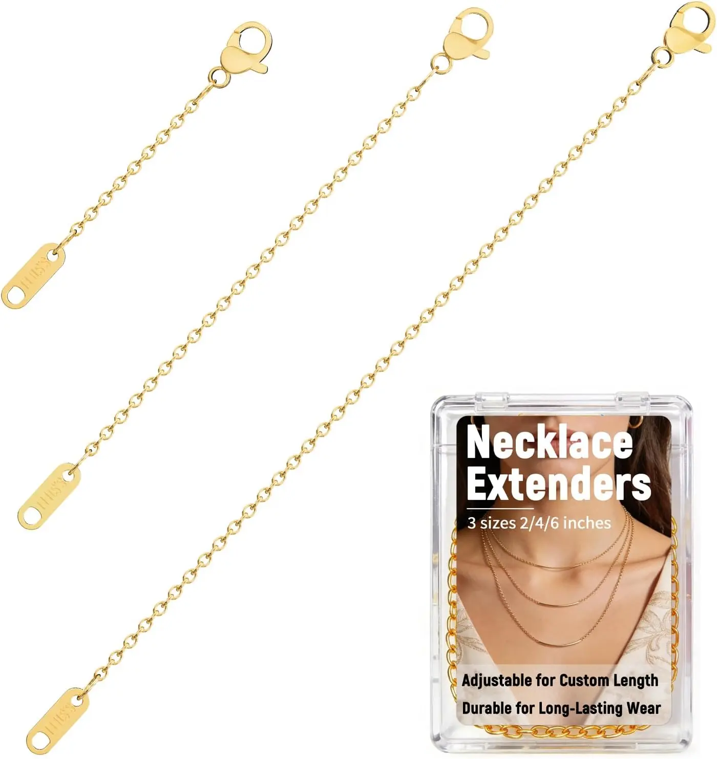 18K Gold Plated Necklace Extenders for Women, Adjustable Chain Extender Set for Necklace Bracelet Anklet, 3 Pieces 2" 4" 6" Jewelry Chain Extenders