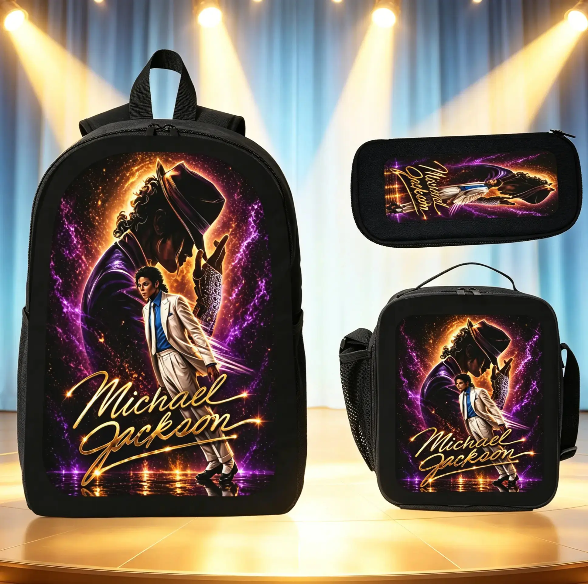 3-Piece Backpack Set, Michael Jackson-themed school backpack for teen music fans with lunch bag and pencil case, casual travel daypack