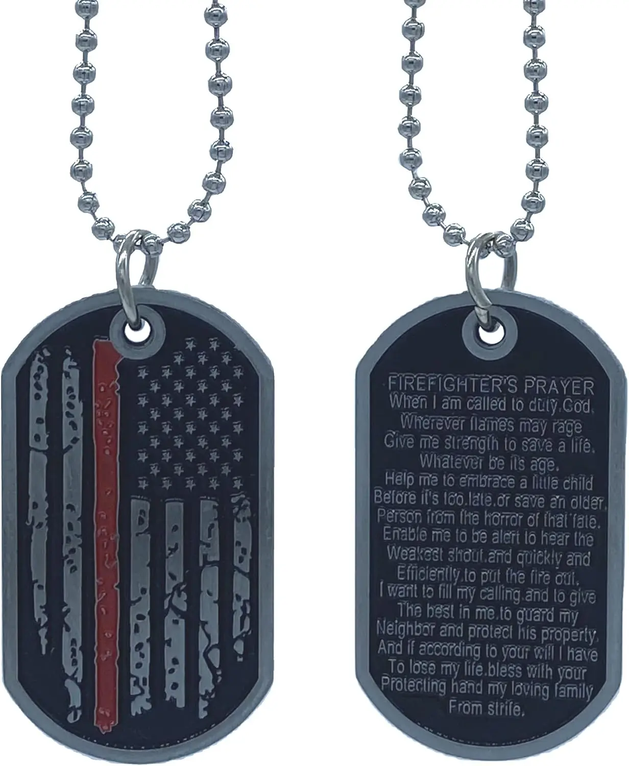 Red line American Flag Design Firefighter Fireman Prayer Antique Silver Dog Tag Necklace