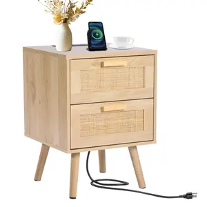 【Summervibes】Vevor Rattan Nightstand End Table,  , Side Table with 2 Hand Made Rattan Decorated Drawers, Wood Accent Table with Storage for Bedroom, Natural