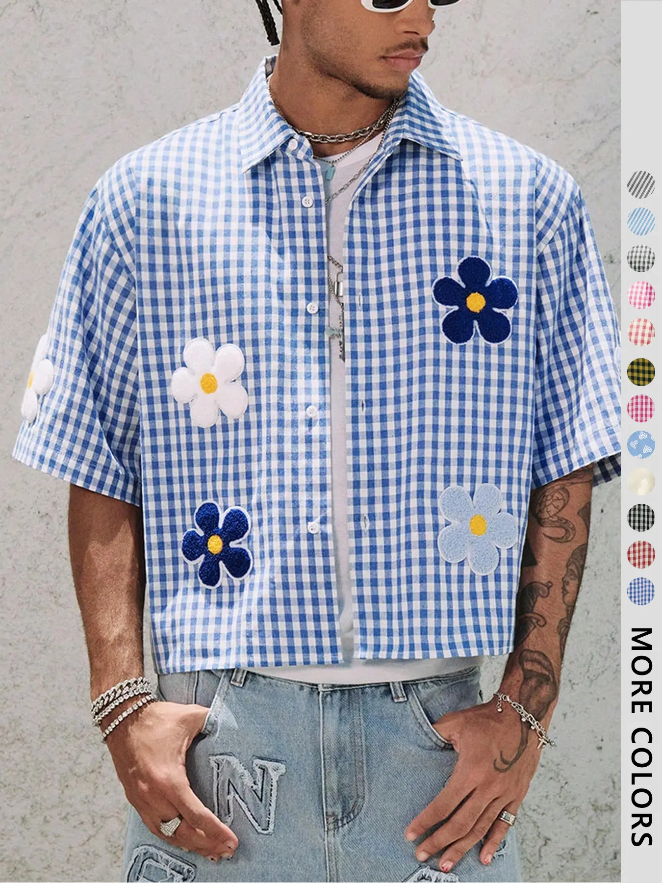 Men's Floral Embroidery Short Sleeve Shirt, Regular Fit Casual Street Retro Gingham Plaid Graphic Button Front Top for Summer, Men's Clothes for Daily Wear