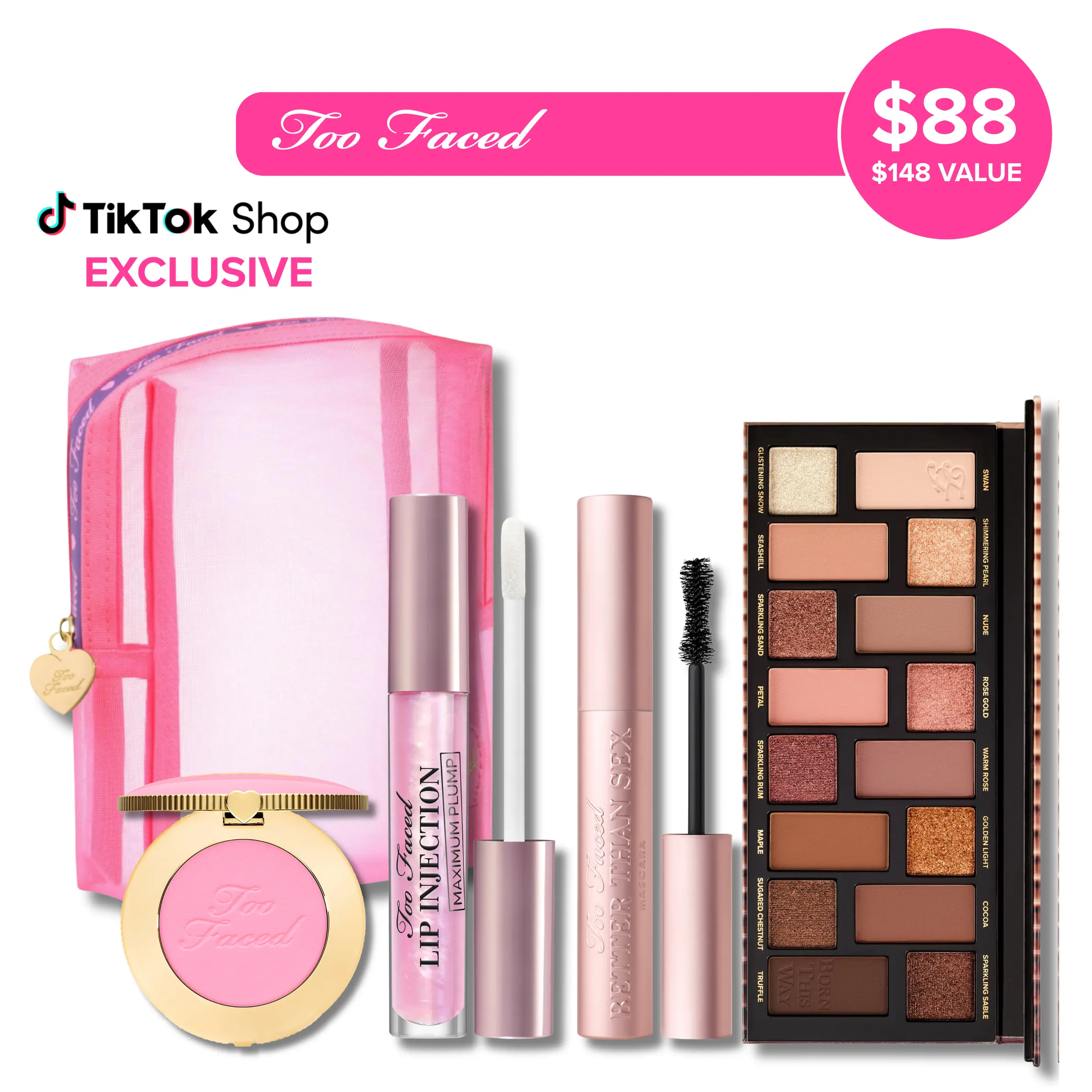 Too Faced Icons Set - Better Than Mascara, Lip Injection Maximum Plump Lip Plumper Gloss, Born This Way The Natural Nudes Eye Shadow Palette, Cloud Crush Blush Candy Clouds