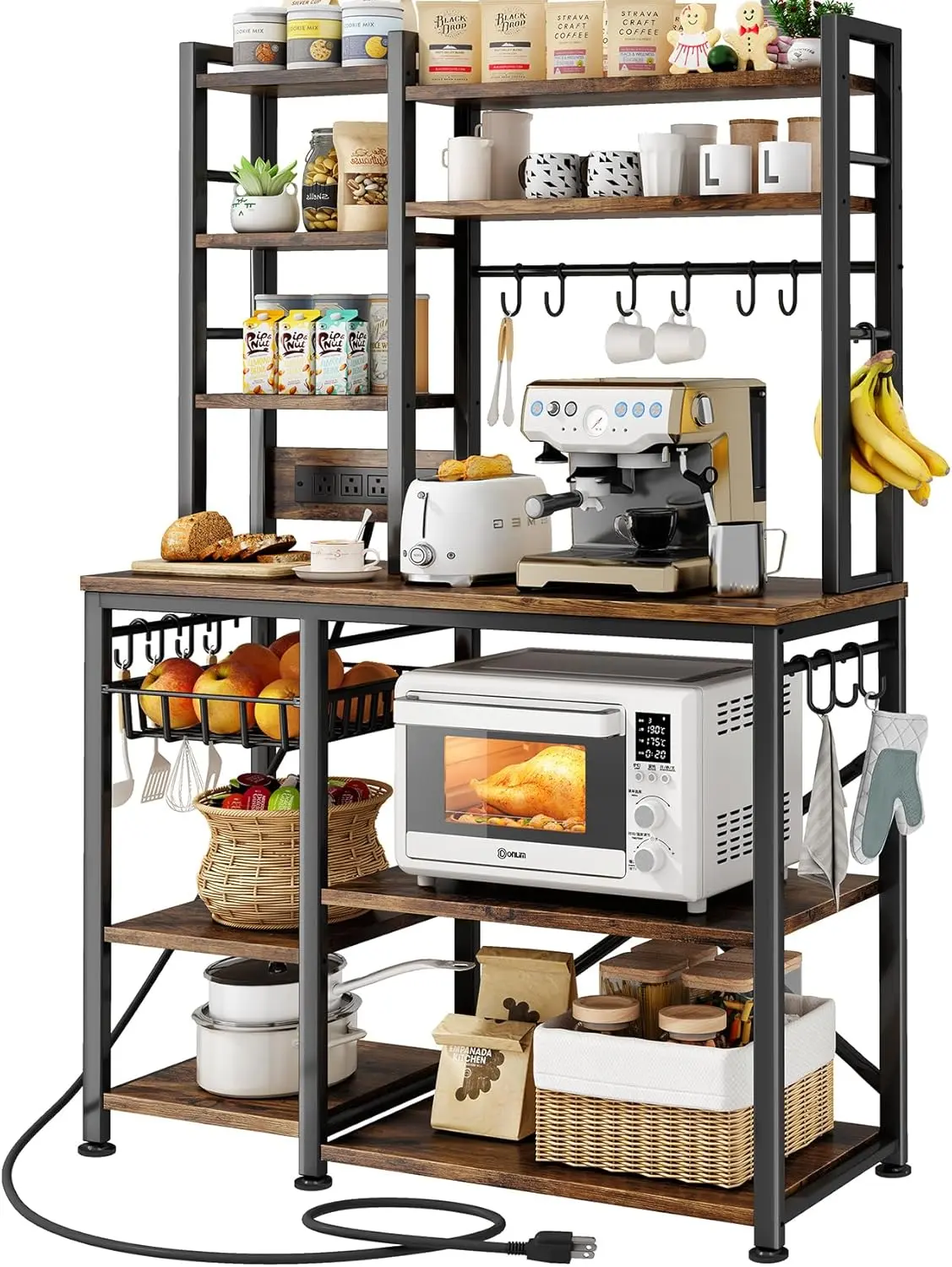 Heavy Duty Rustic Brown Baker's Rack with Power Outlet - Durable Rustproof Synthetic Metal Microwave Stand, 14 Hooks for Spices/Pots, Anti-Tip Base, 366 lbs Capacity, Easy Maintenance Indoor Shelf, Assembly Required