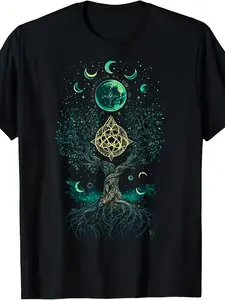 Men'S & Women'S Viking Pagan Wiccan T-Shirt - Tree Moon Phases & Yggdrasil Norse Mythology Design - Heavyweight 220GSM Pure with Teal & Golden Norse Rune Art - All-Season Casual & Formal Pagan Apparel for Wicca, Viking Conventions - Unisex Adult Gra
