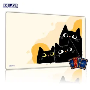Three Black Cats Cartoon MTG Playmat 12x24inch Non-Slip TCG Card Game Mat, Flat Minimalist Art for Family Gatherings & Gift, Compatible with Magic The Gathering