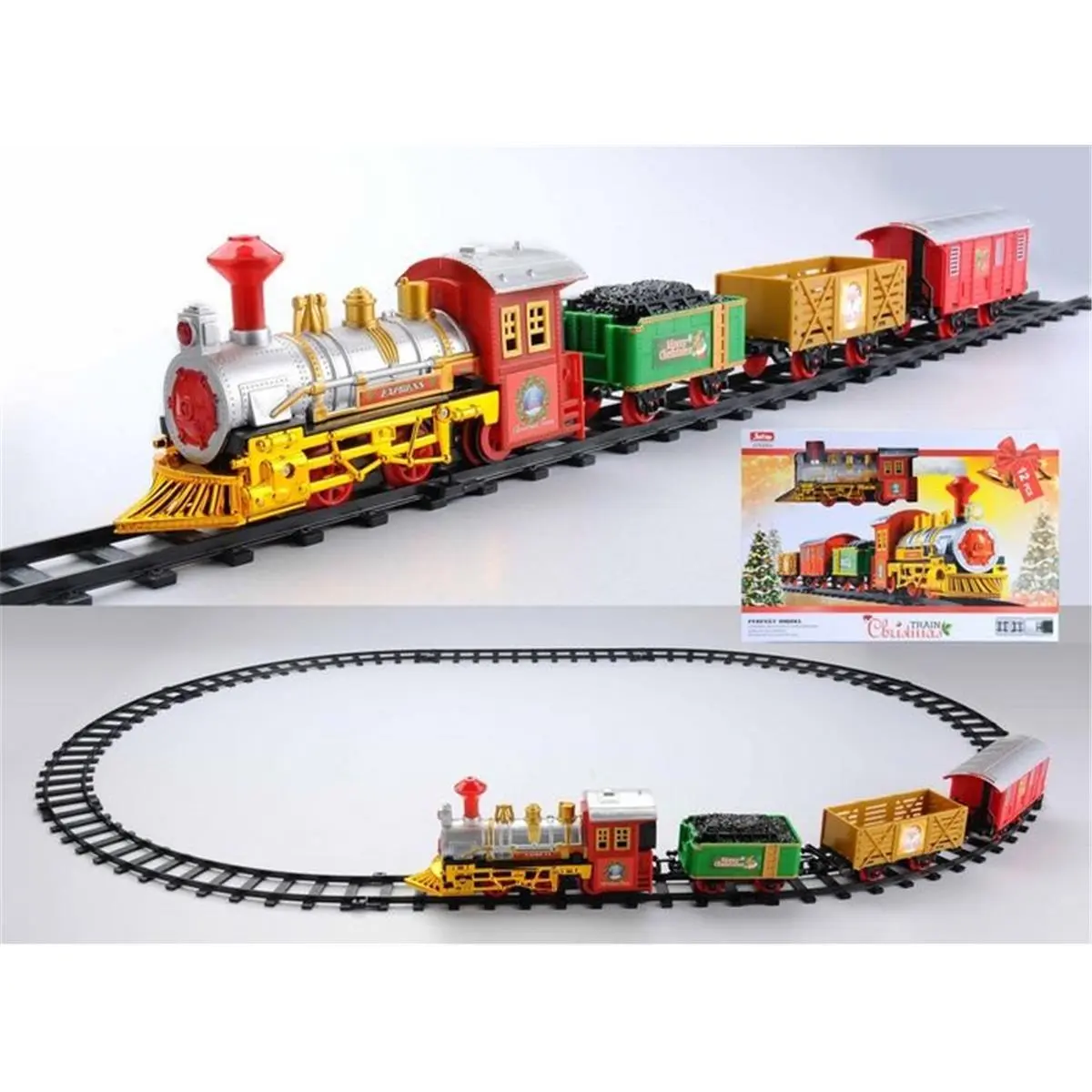 212 MAIN Battery-Operated Animated Christmas Express Train Set - 12-Piece, 8 ft+ Length, Realistic Train Sounds, Lighted, Easy Assembly, Indoor Christmas Tree Decoration, Festive Home Supply, AA-Powered, Ages 3+