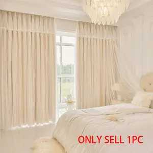 1pc Simple Cream Princess Style Background Window Curtain for Streamers, Double Layer Bedroom and Living Room Blackout Drapes, Room Decor Curtain