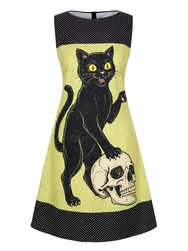 Yellow 1960s Cat Skull Gothic Sleeveless A-Line Dress