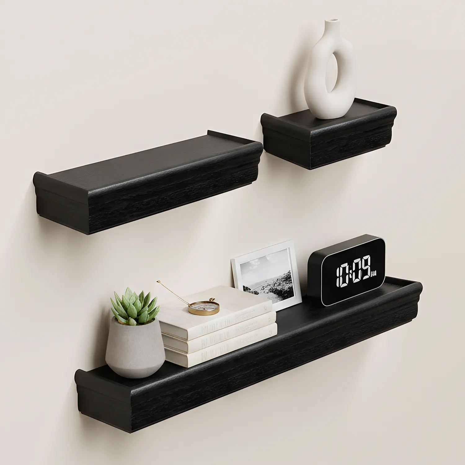 Spaco 17.9in Wall Mounted Wood Floating Corner Shelves - Black 3-Pcs Invisible Brackets, Modern Decorating, Easy Installation, Space Saver Home Supplies for Bedroom, Kitchen, Toilet Collector Display