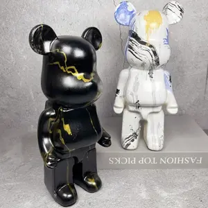 11inch Aesthetic Cute Bear Figure Marbling Resin Bear Statue Animal Figurine Sculpture Luxury Living Room Decoration Desk Home Ornament House Accessories Gift Decorative Figurines