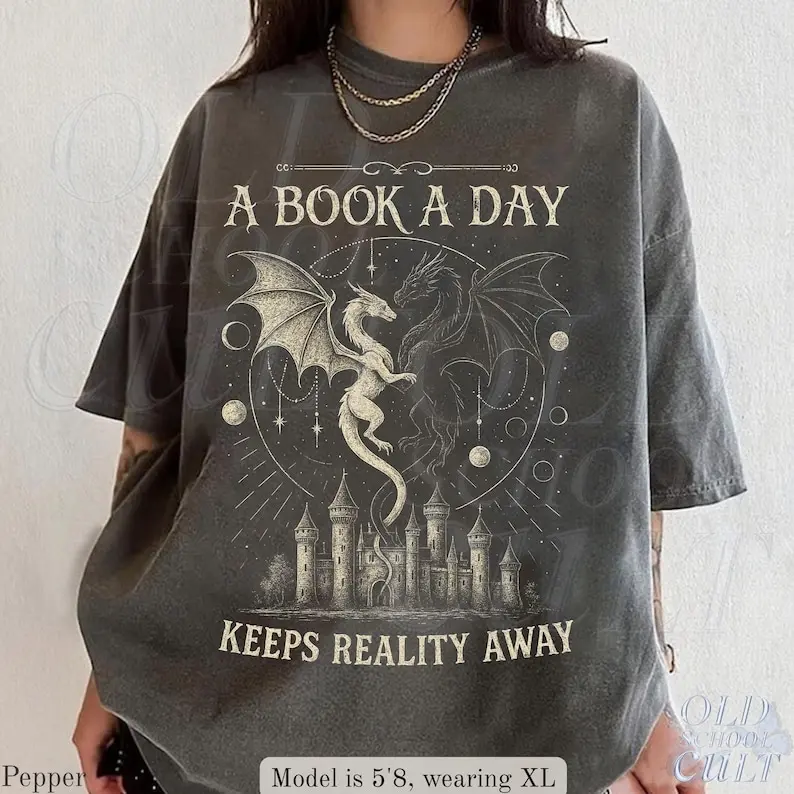 A Book A Day Keeps Reality Away Shirt, Dragon Fantasy Graphic Tee, Comfort Colors® T-Shirt, Gothic Grunge Castle Top, Reader Gift