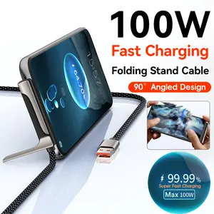 2-in-1 100W Super Fast Charging Cable with  Foldable Stand Phone Holder  90-Degree Elbow USB Type-C Phone Charger Cable for iPhone 15-17 Pro Max for Samsung for OPPO, for Xiaomi Phone, Tablet, Gaming
