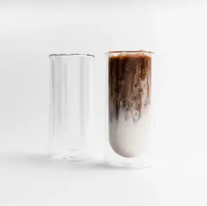 FLUR Iced Coffee Glasses (Set of 2) – Perfect for Iced Coffee, Lattes, Cold Brew & Matcha – For Hot or Iced Drinks – Double-Walled Borosilicate Glass – Handmade, Lightweight & Durable – 15.5oz