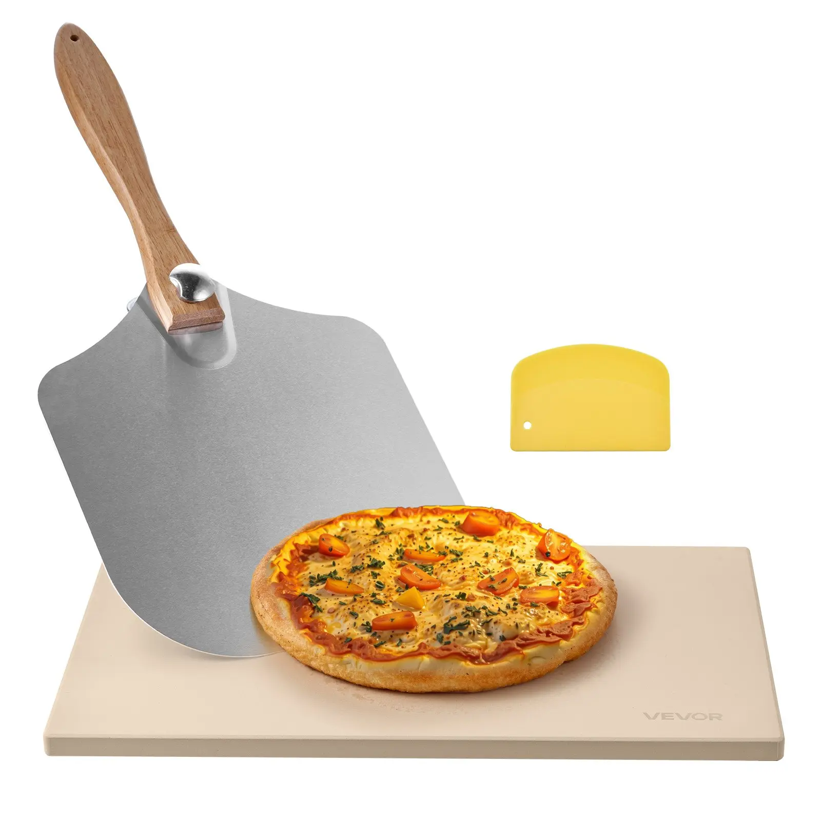 VEVOR Pizza Stone, 20 x 14 x 0.6 in Rectangular Cordierite Pizza Stone, 1450℉ Heat-Resistant Cook Stone, Extra Large Baking-Stone with Metal Peel, Scraper, for Kitchen Bake Oven, BBQ GrillSummervibes Home Aluminium